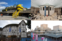 Clockwise from top left: The Southbank Centre, British Museum. National Theatre, The Globe