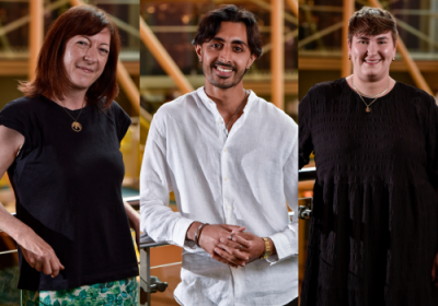 Left to right: Jo Taylor, Gurjeet Singh and Eva Scott pictured inside the Royal Court.