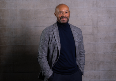 Damon Buffini stands in the National Theatre