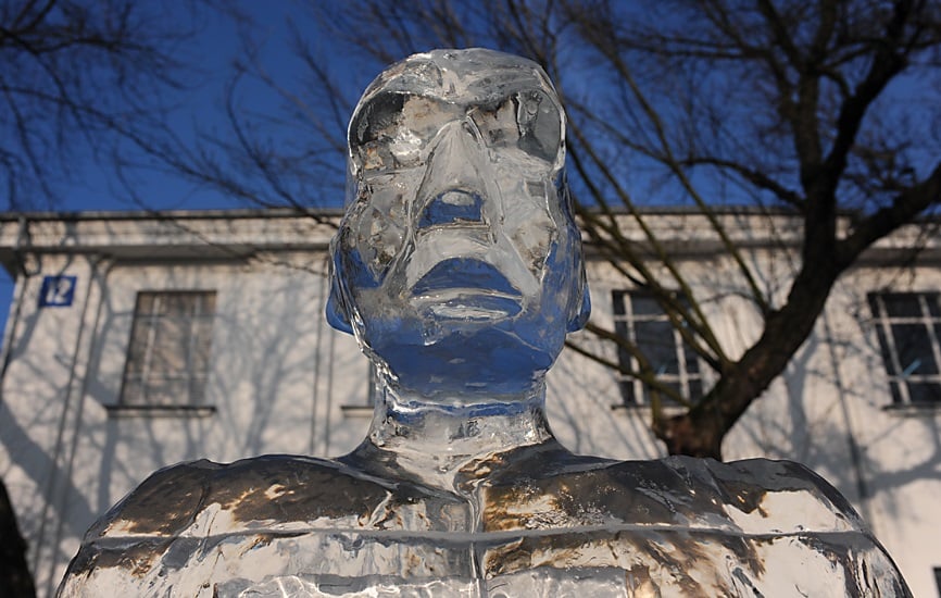 Photo of man's head sculpted from ice