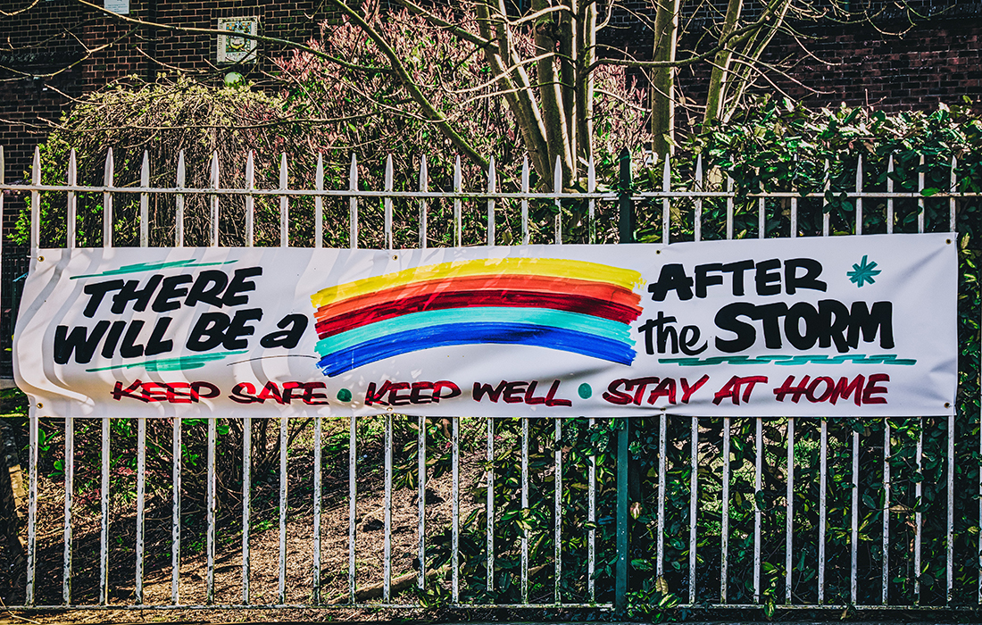 banner on railings with the words 