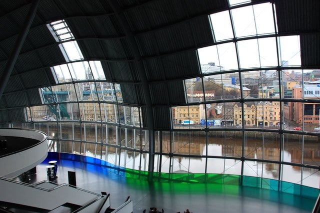 Sage Gateshead's pyramid-shaped windows from inside of building