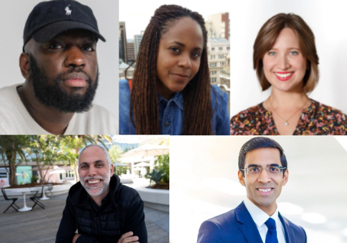 (L-R, top-bottom) Kojo Marfo, Sherry Dzinoreva, Rosie Luff, Leo Wyndham, Rajay Naik. Individual headshots of the new trustees at Roundhouse, edited together by Arts Professional.