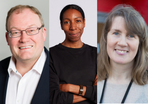 (L to R) Darren Henley, Tina Ramdeen, Jacqui O'Hanlon. Three headshots edited together. Henley is a white, middle-aged man wearing black glasses and a black suit. Ramdeen is a Black woman with her hair tied back. She wears a black top and is standing with her arms folded against a white wall. O'Hanlon is a white woman with light brown hair and bright blue/green eyes. She stands in front of a red wall, wearing a beige top and black lanyard. They are all looking at the camera, smiling.