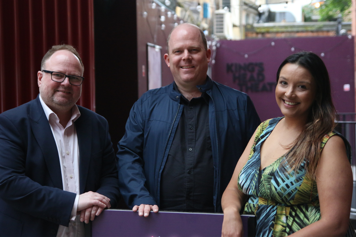 Robert Khan, James Seabright and Sofi Berenger stand outside Kings Head Theatre