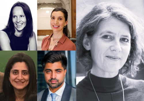 Clockwise from top left: headshots of Helen Anglim, Heather Davenport, Erica Whyman, Yusuf Subzposh, Neha Idnani