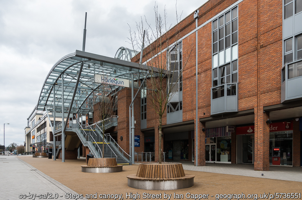 New canopy and entrance to the Harlequin theatre and Redhill Library built in 2016 as part of the Warwick Quadrant redevelopment, replacing the previous one dating from 1986