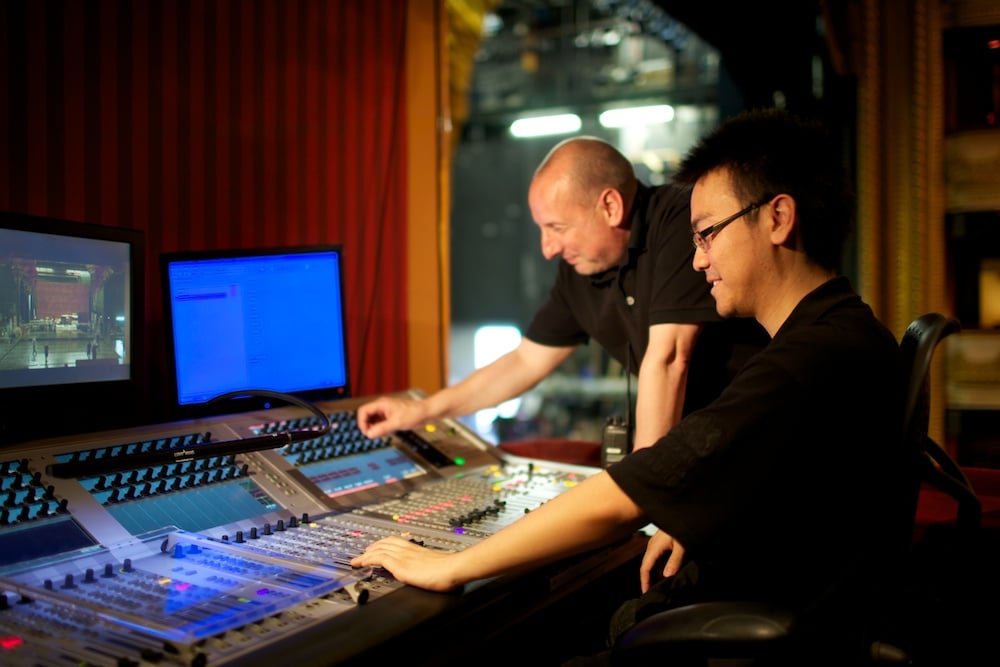 Two people at a sound mixing/editing console