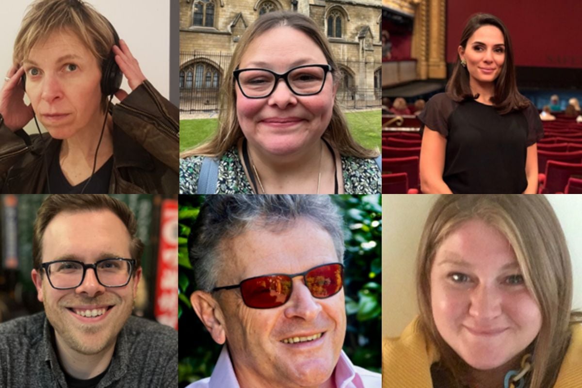 (Image alt text: a collage of head and shoulder photos of 6 of the new VocalEyes Trustees. The collage is arranged in 2 rows, people on each row: Top row, from left to right: Alex Bulmer, Sarah Boud, Anna Ayrapetyan. Bottom row, from left to right: Stephen Taylor, Chris Lewis and Alex McEwan)