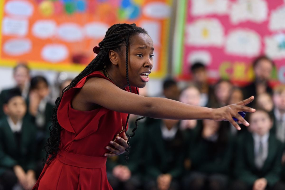 First Encounters with Shakespeare: Romeo and Juliet production photos, January 2024. Directed by Philip J Morris, designed by Ebrahim Nazier. Photos taken at Sydenham Primary School, Leamington Spa. Photo by Joe Bailey (c) RSC