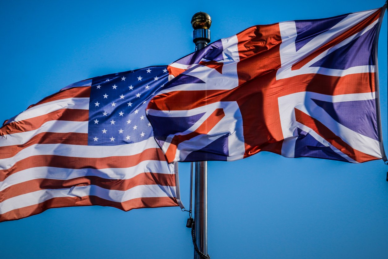 USA and ENGLAND flags together on the staff